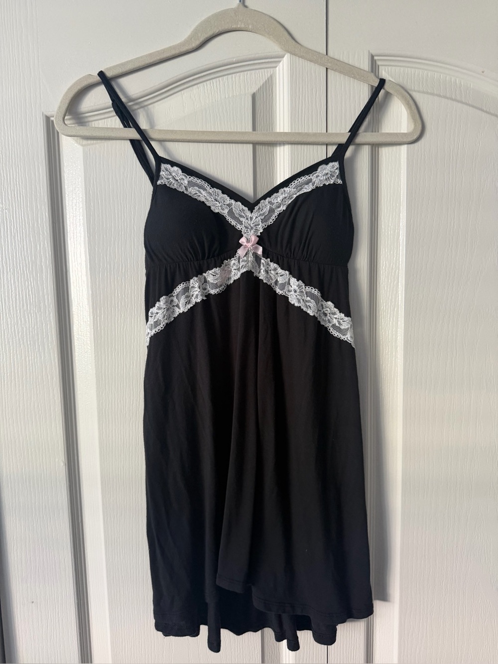 Victoria's Secret Black Chemise with White Lace & Pink Bow